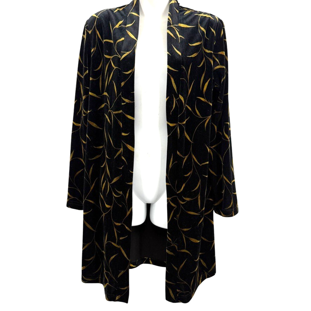 Ronni Nicole Womens Stretch Velvet Longline Open Jacket Leaf Print Black sz 12